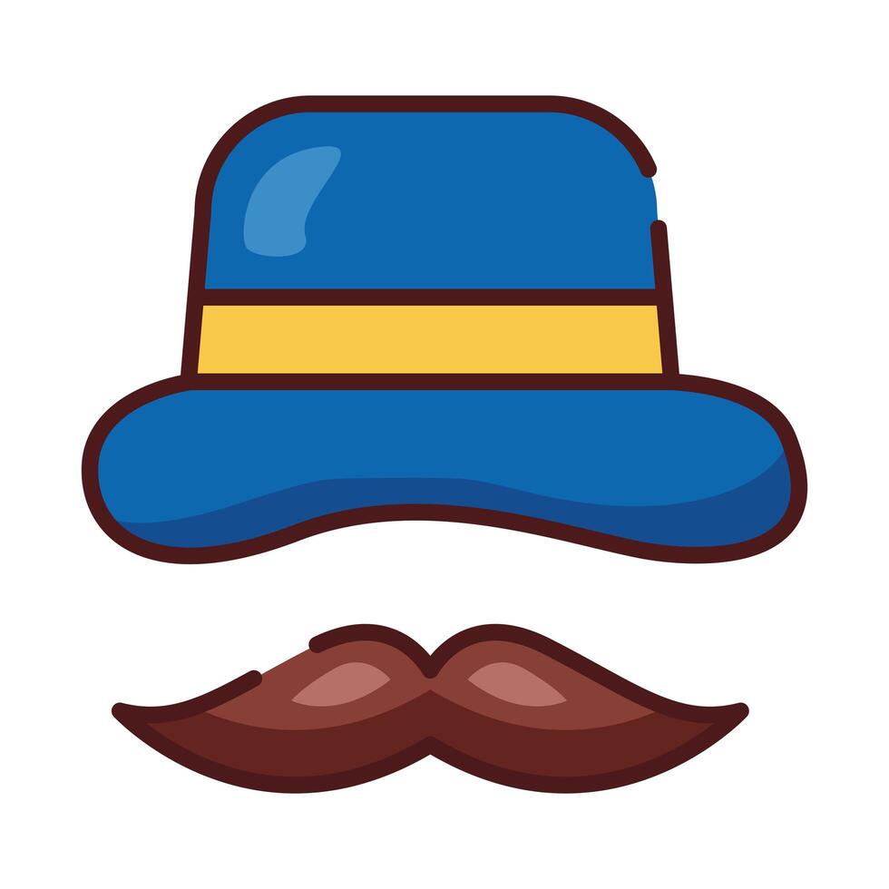 Accesorio de sombrero de caballero y línea de bigote e ícono de estilo de relleno vector