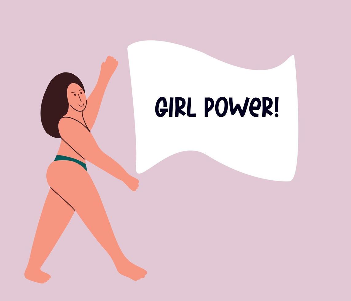 A girl holds a poster with the slogan Girl power. A feminist activist for girls rights. Body positive girl in a swimsuit. Vector illustration in flat cartoon style