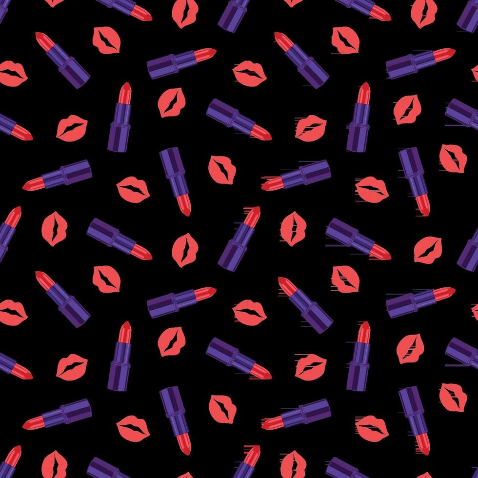 Glamorous pattern with pink kisses and lipstick seamless pattern. Cosmetic seamless pattern. Vector flat illustration