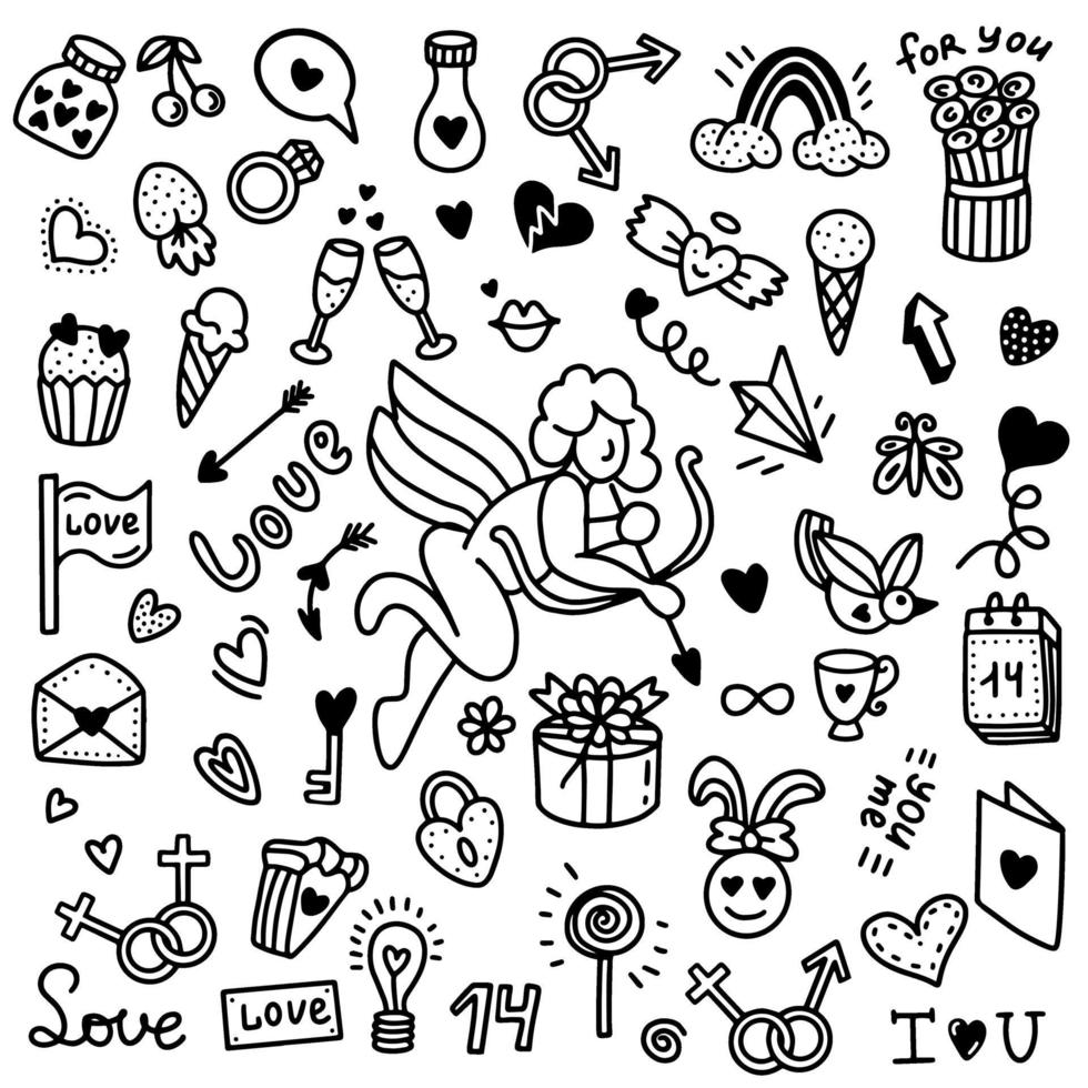 A set of doodles for valentines day. Vector illustration in doodle style. Design for Valentines Day, Wedding, Greeting Cards