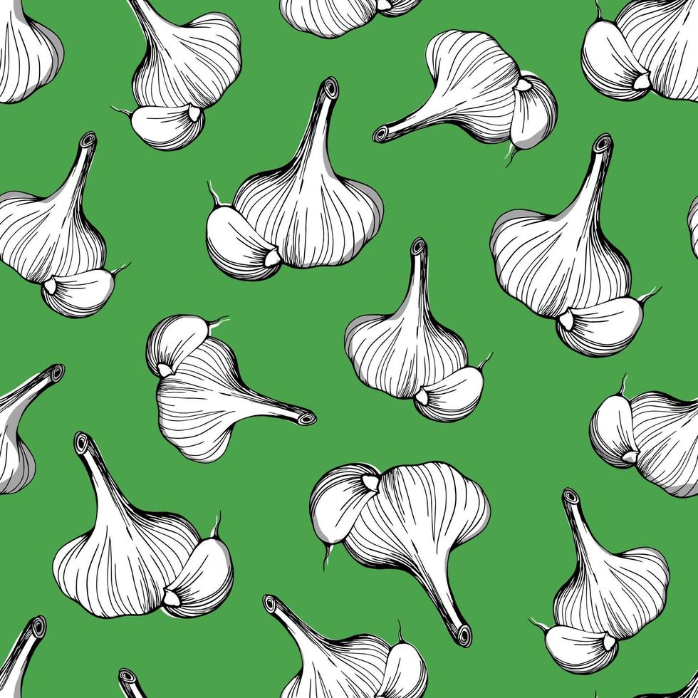 seamless pattern of garlic on a green background.A simple pattern of garlic.Hand-drawn vector illustration in the Doodle style. Head of garlic