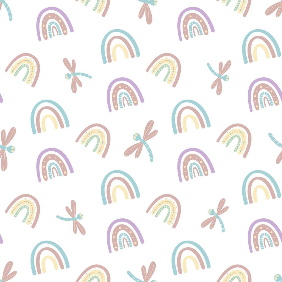 Cute rainbow and dragonfly seamless pattern. Scandinavian pattern in muted pastel colors. Hand-drawn vector illustration. Design for textiles, packaging, wrappers
