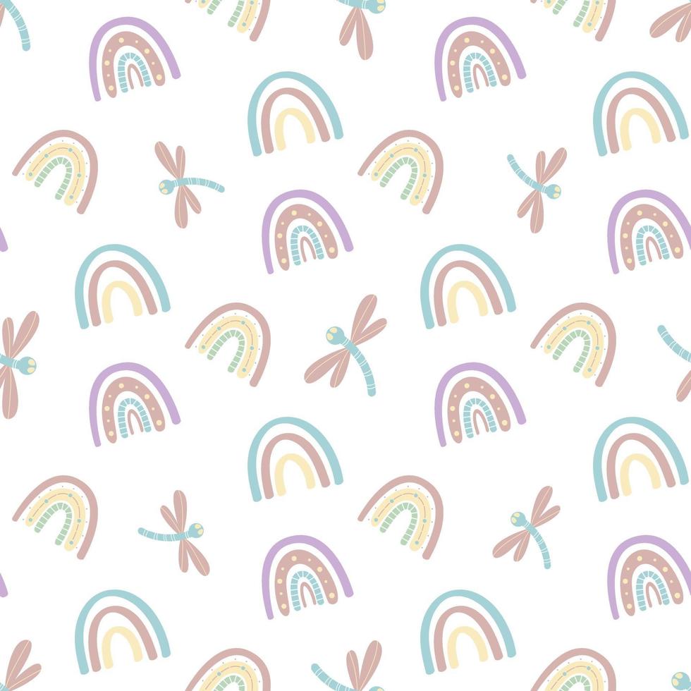 lindo arco iris y libélula de patrones sin fisuras. patrón escandinavo en colores pastel apagados. ilustración vectorial dibujada a mano. diseño para textiles, embalajes, envoltorios vector