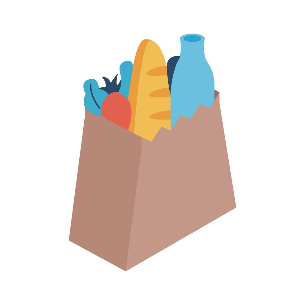 bread carrot and jar inside shopping bag isometric style icon vector design