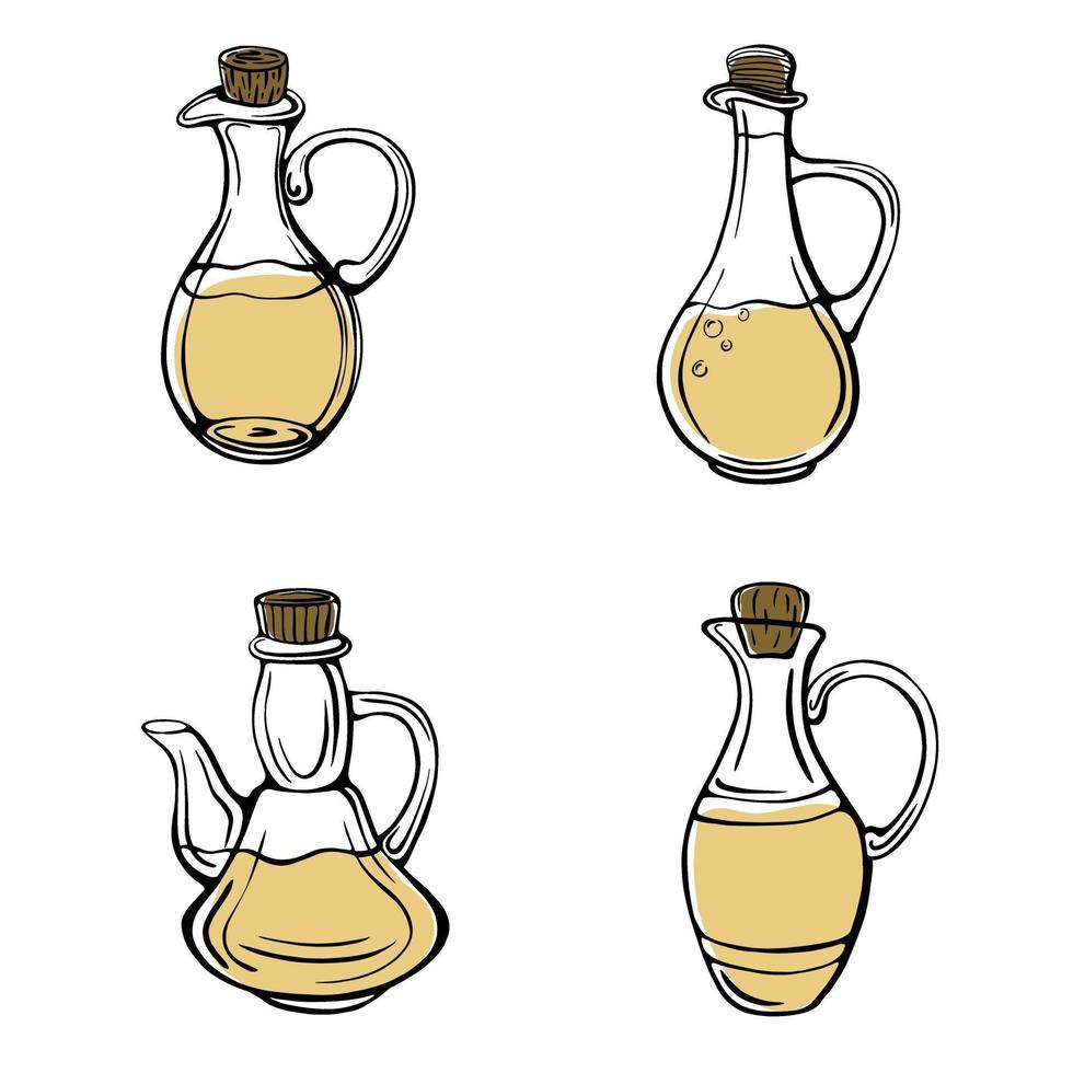 A hand-drawn set of olive oil bottles isolated on a white background. Olive pitchers. Extra virgin oil. Vintage style. Vector illustration in Doodle style