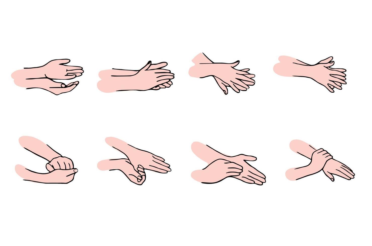 How to clean your hands properly. Rules for Disinfection and hand washing. The hygienic and medical treatment of an infection. Hand-drawn vector illustration in the Doodle style.