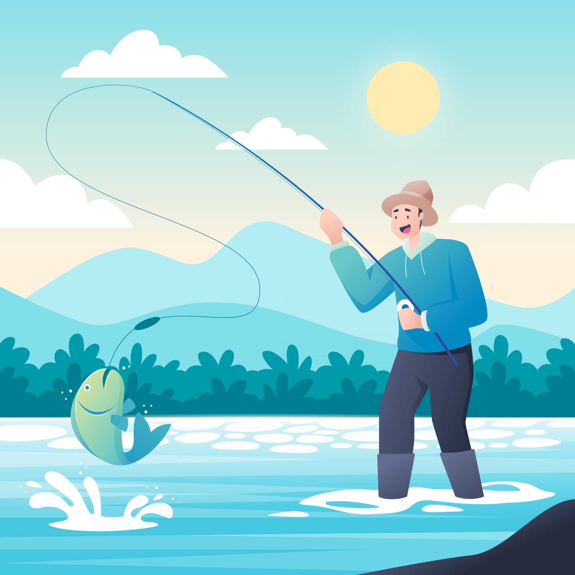 Fishing Activity in the River at Summer 2456785 Vector Art at Vecteezy