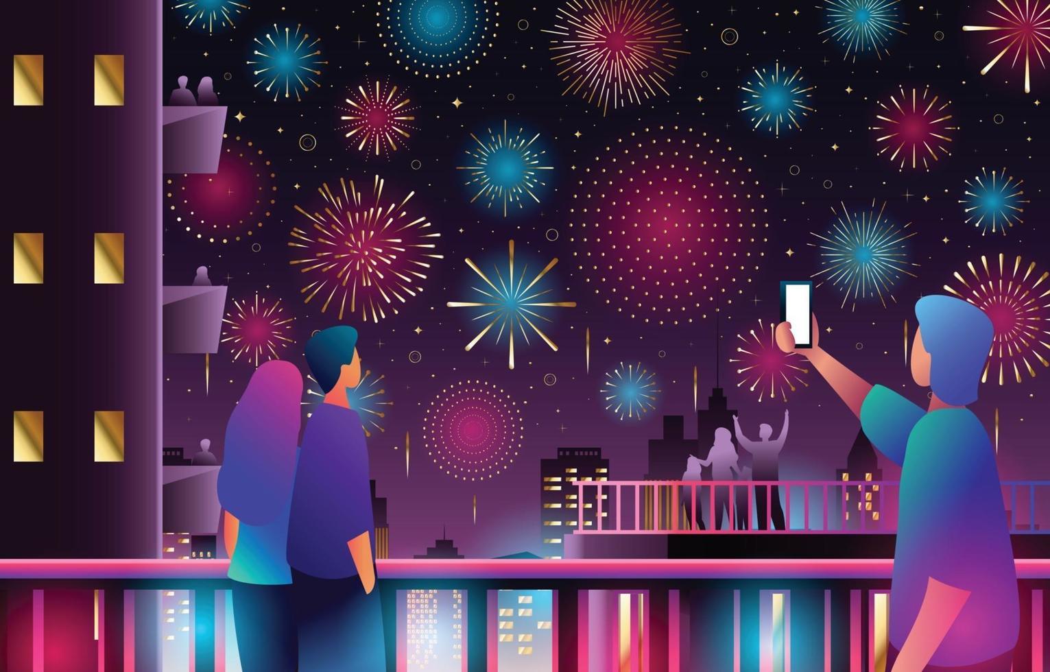 People Enjoying Fireworks in The City Night Sky vector