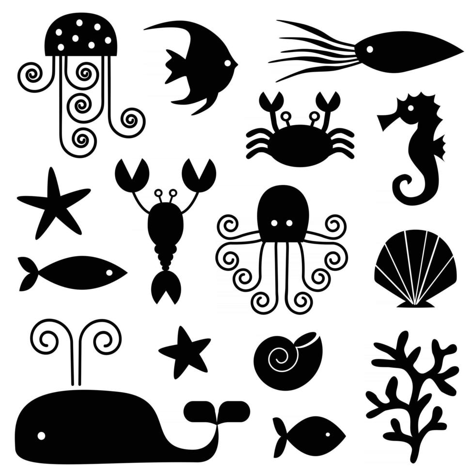 sea life black silhouettes vector
