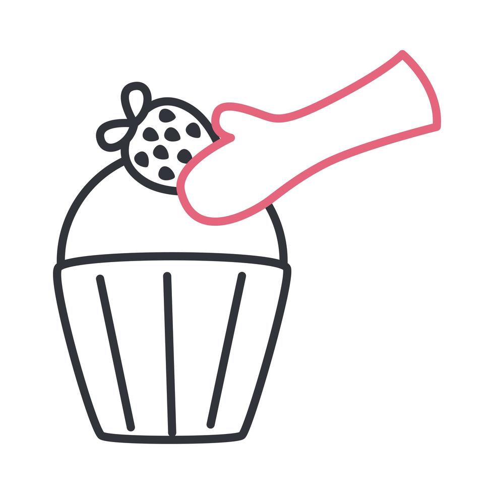 mano con diseño de vector de icono de estilo de línea de cupcake