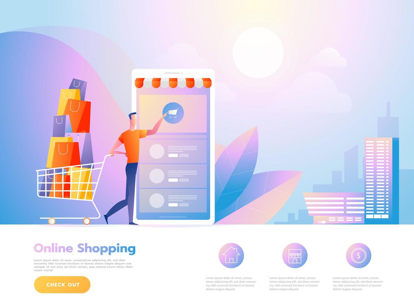 Online shopping concept with man interacting with shop. Landing page template. vector