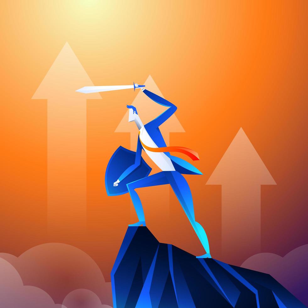 Flat isometric vector concept. A businessman that looks like a superhero is showing sword on mountain.