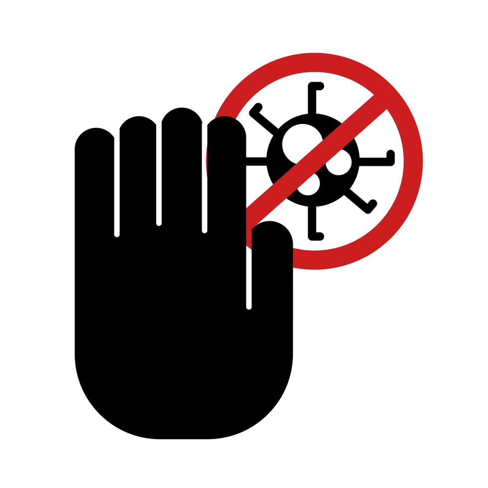 hand with covid19 virus particles silhouette style vector