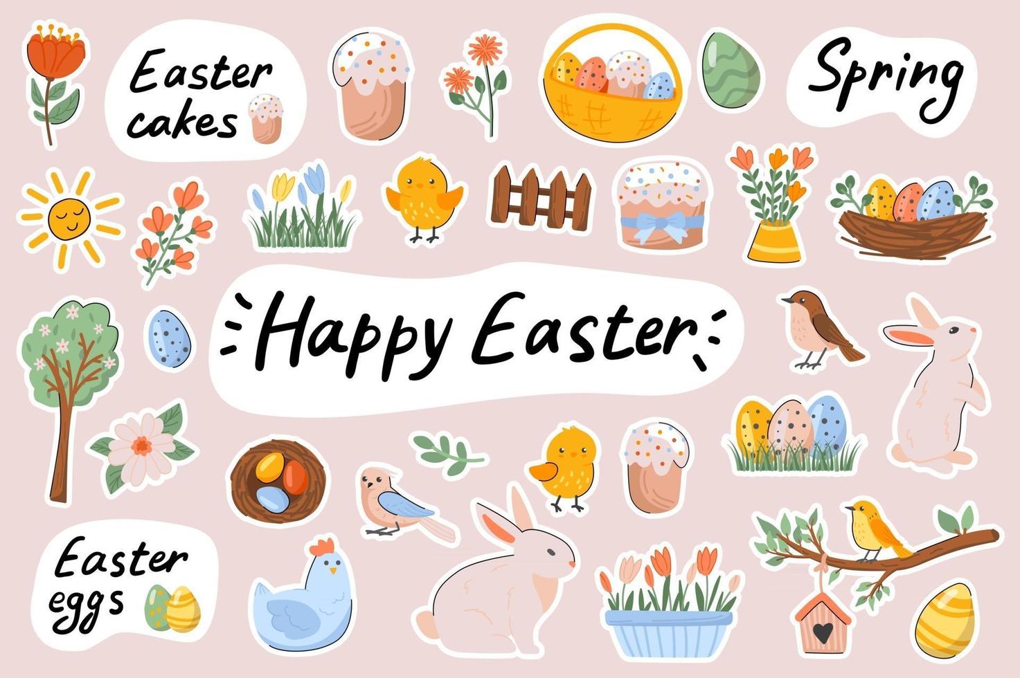Happy Easter cute stickers template set vector