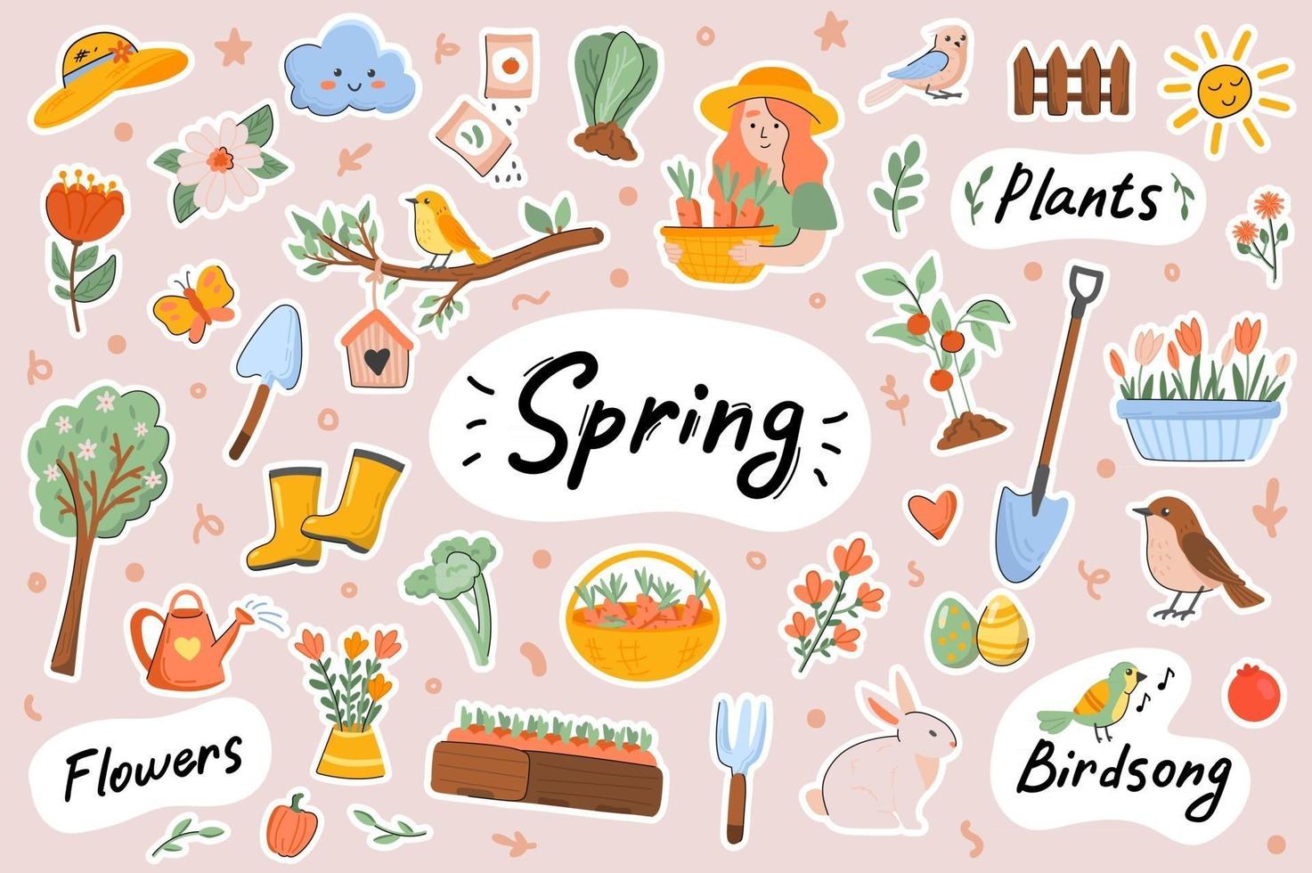 Spring cute stickers template set vector