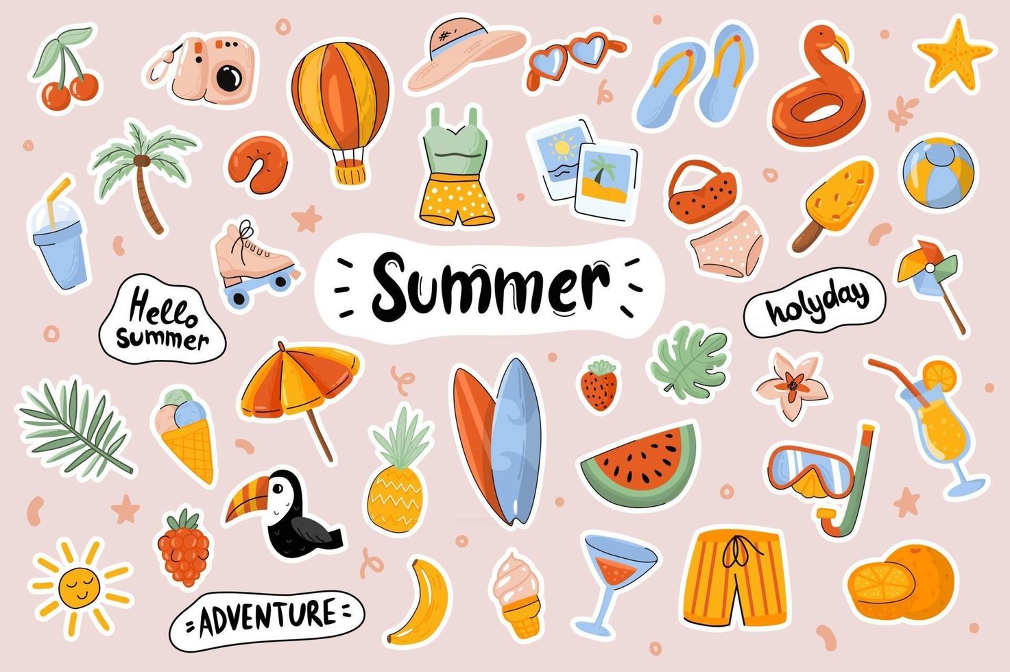 Hello Summer cute stickers template set vector