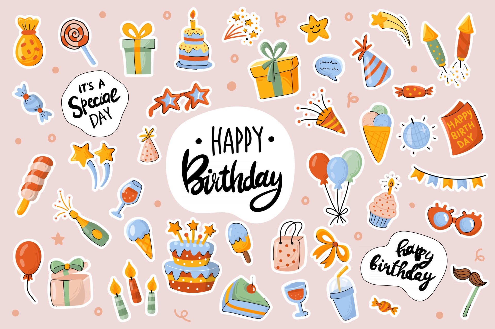 Happy Birthday Cute Stickers Template Set Vector Art At Vecteezy