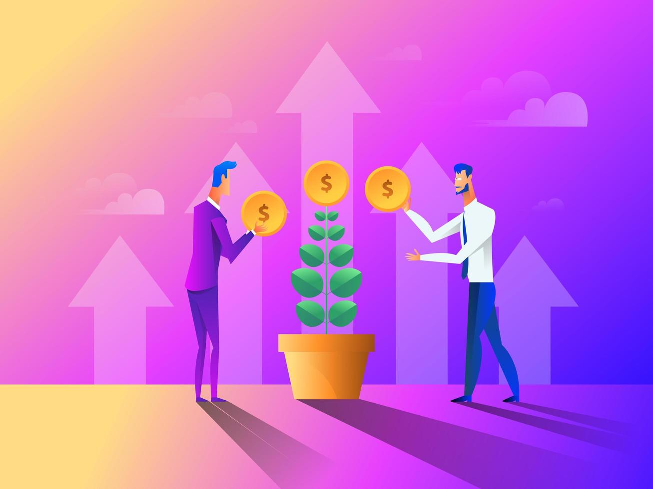 Business concept in flat design. People gathering, planting and caring for money tree. Vector illustration