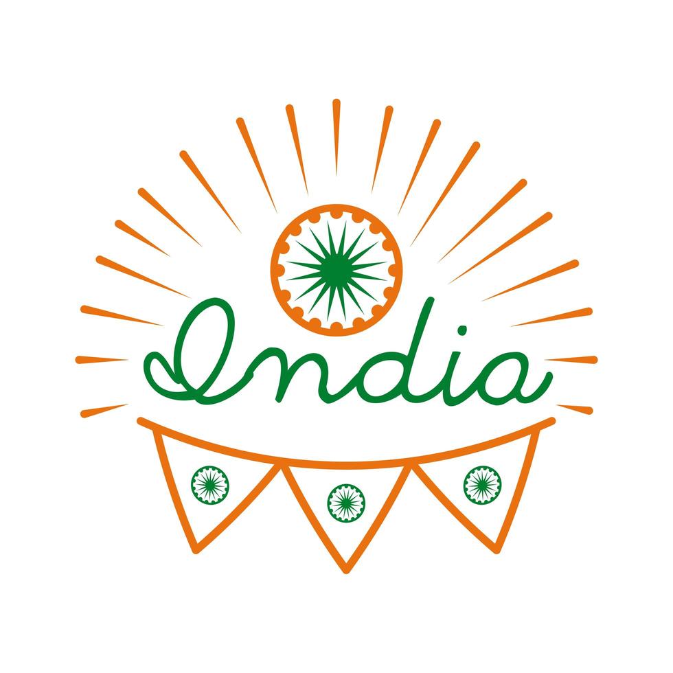 Independece day india celebration with ashoka chakra and garlands line style icon vector