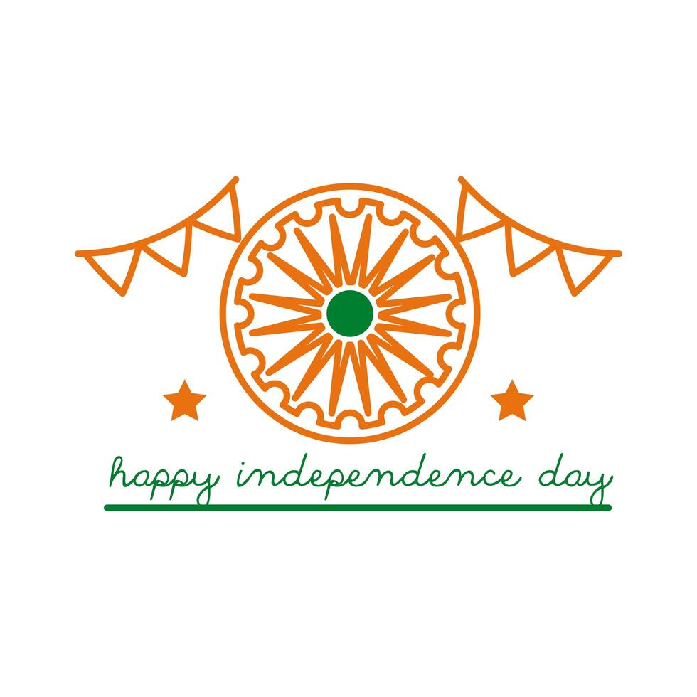 celebración del día de la independencia india con ashoka chakra e icono de estilo de línea de guirnaldas vector