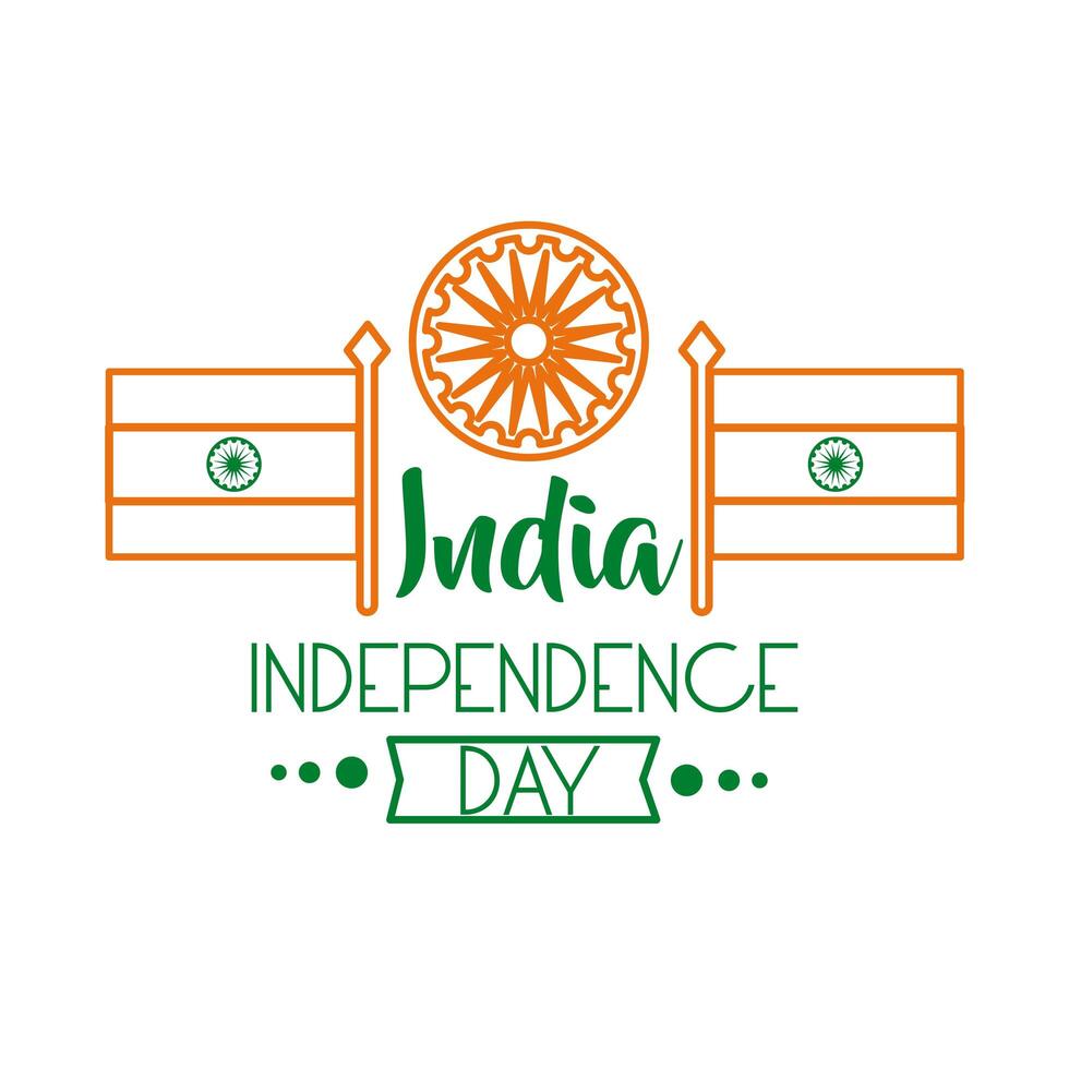 Independece day india celebration with ashoka chakra and flags line style icon vector