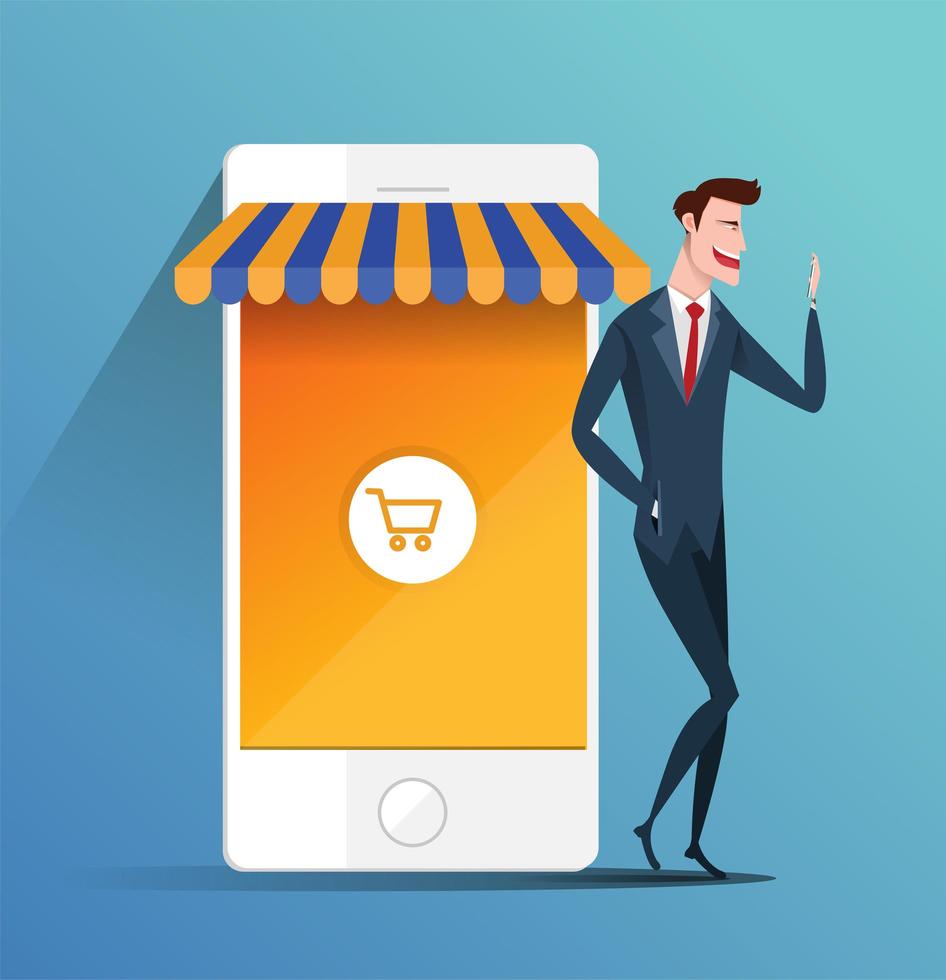Concept of e-commerce online shopping - business man holding mobile phone and shopping online. business flat vector. vector