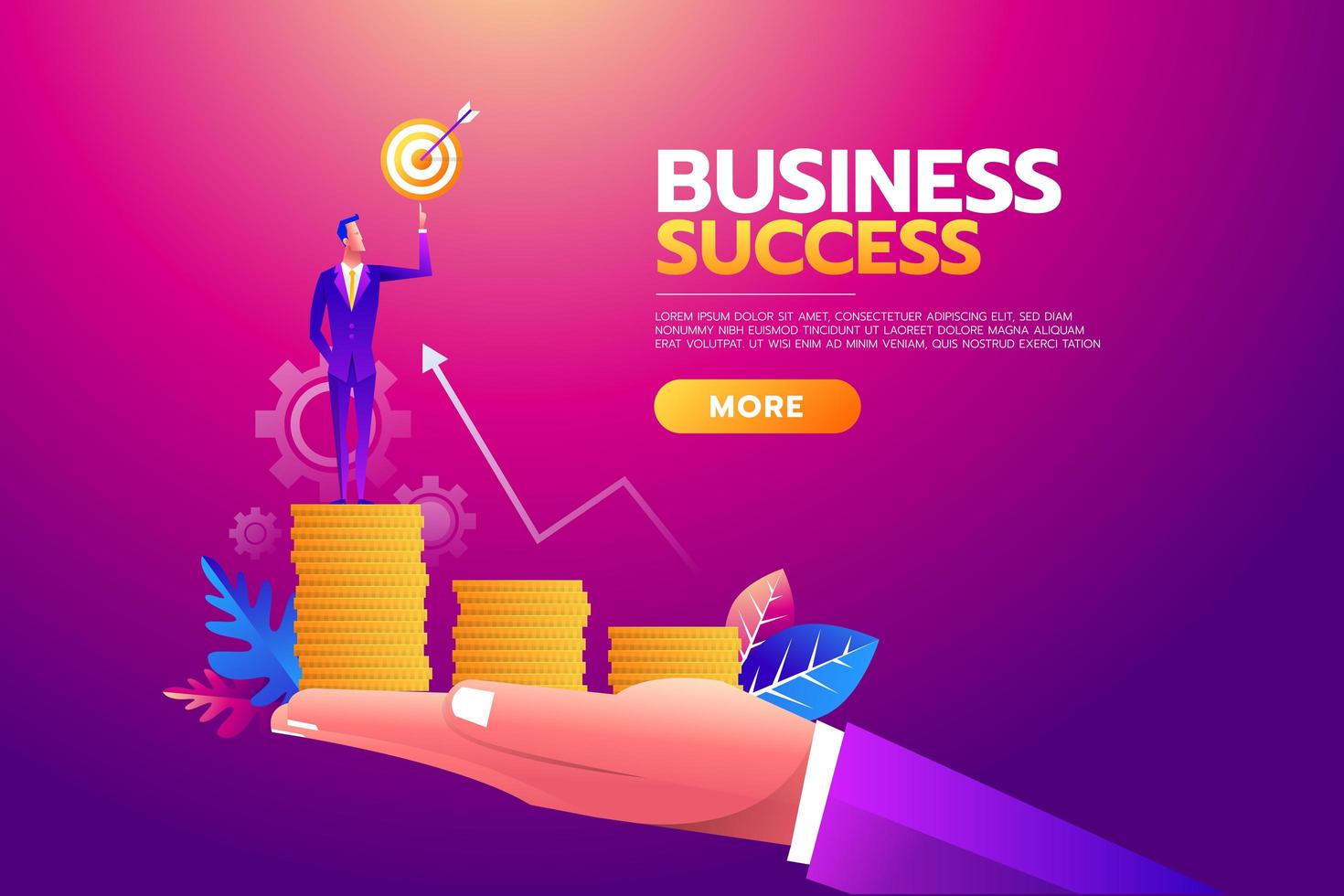 Success concept. Businessman in large hand holding goal target. All targets achieved. Business vector illustration, concept, flat.