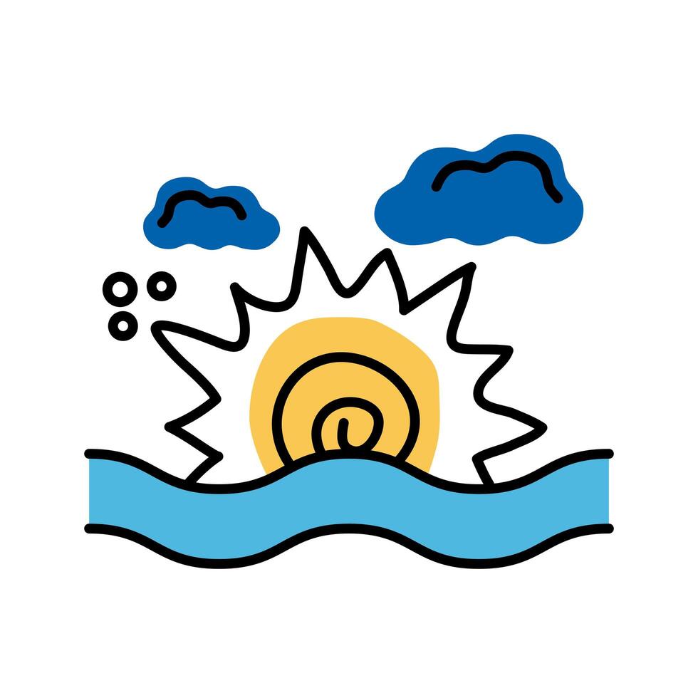 summer sun with sea waves line and fill icon vector