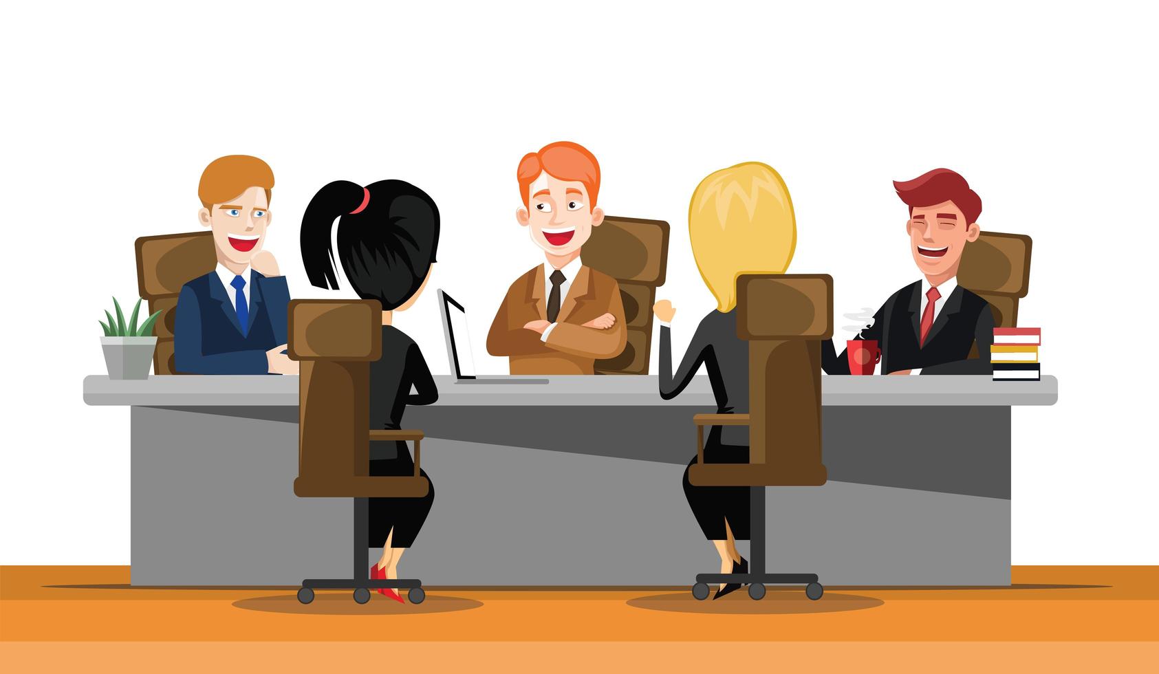 Business man meeting at a big conference desk. Startup company. People working together. Modern colorful flat style vector illustration isolated on white background