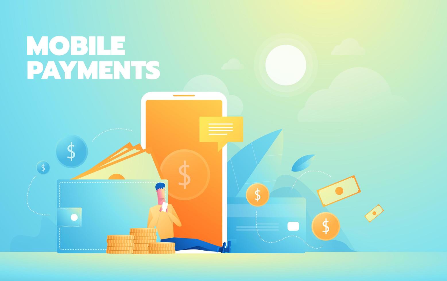 Online shopping mobile payment concept with person interacting with shop. Landing page template. vector
