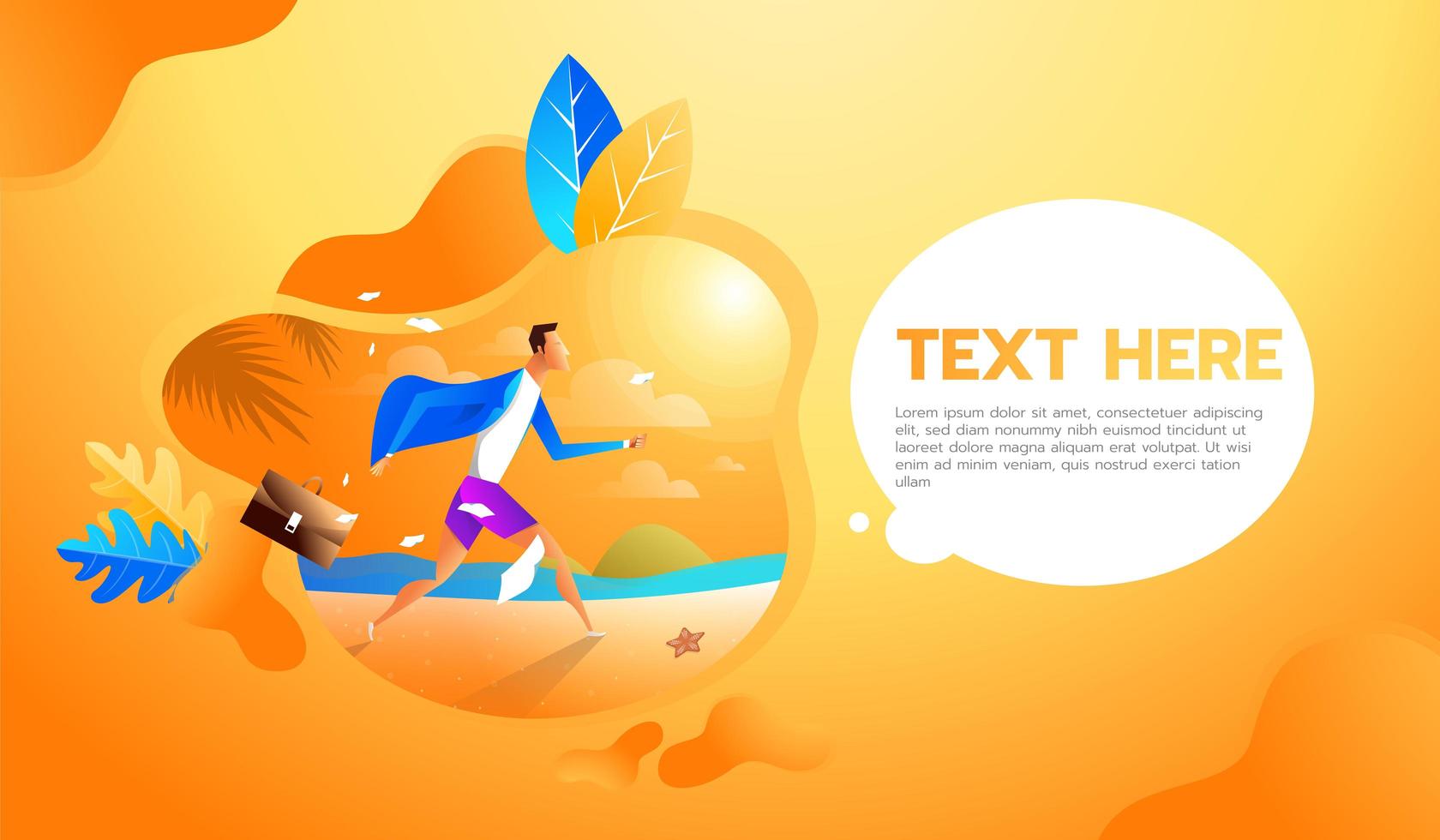 Businessman undresses suit, leave his office things and stops working, runs on the beach, holiday and summer concept. vector