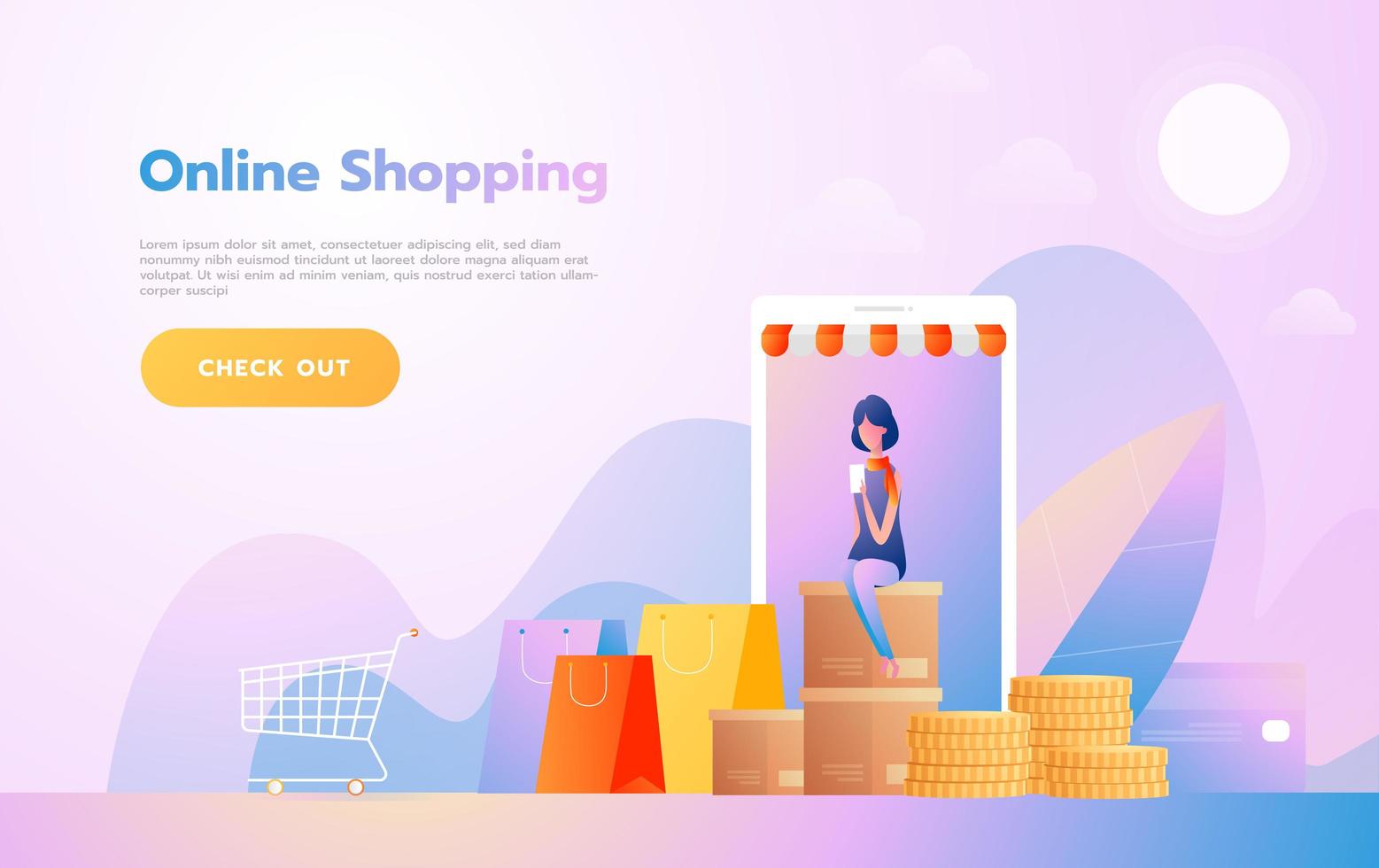 Landing page template of Online Shopping. Modern flat design woman sitting on coins for website and mobile website. Vector illustration