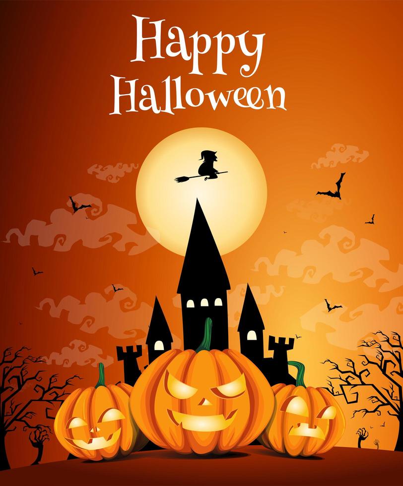 Happy Halloween night background with dark castle and pumpkins vector