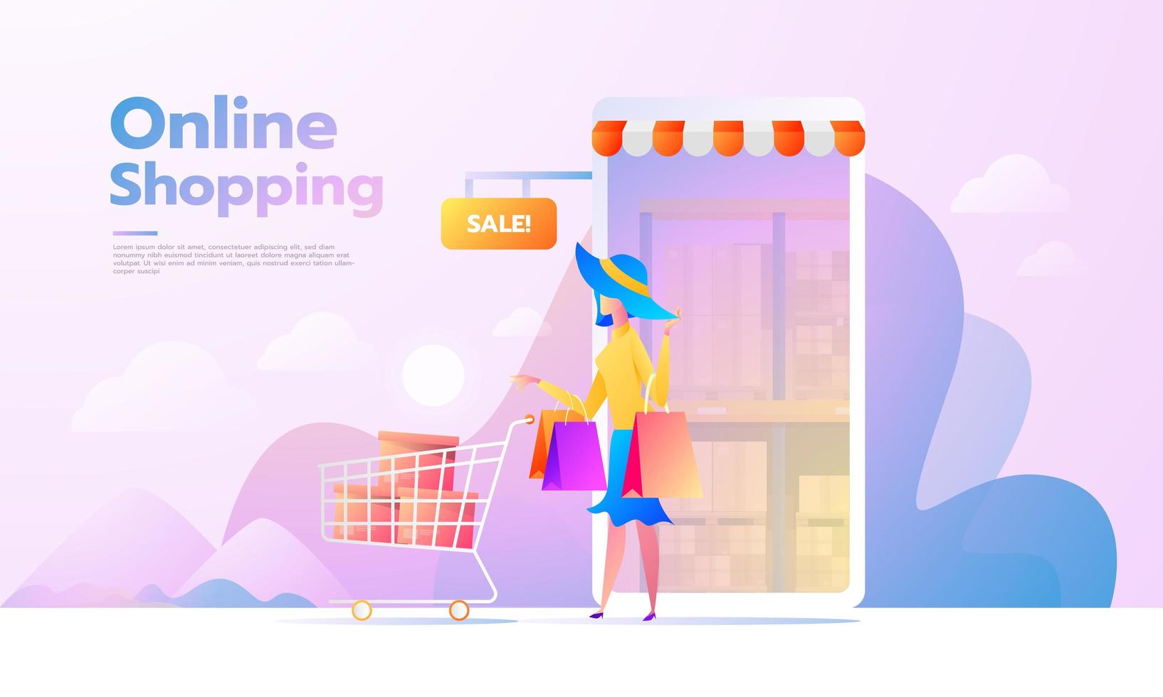 comprador de comercio electrónico. artículos de Internet. banner con mujer joven de compras en línea. ilustraciones vectoriales. personas interactuando vector