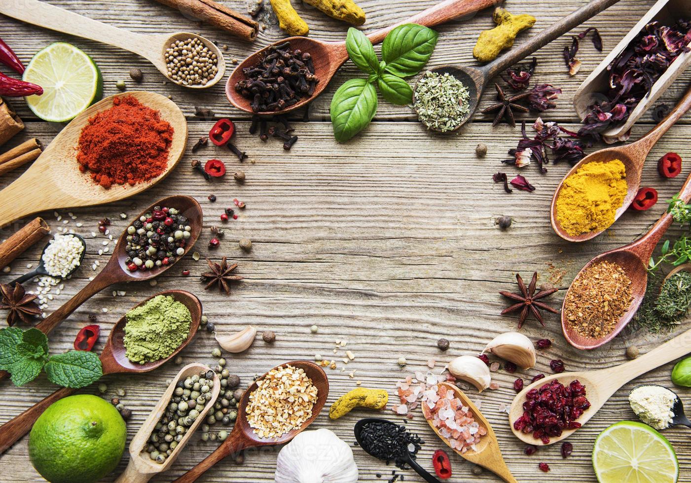 A selection of various colorful spices on a wooden table in  spoons photo