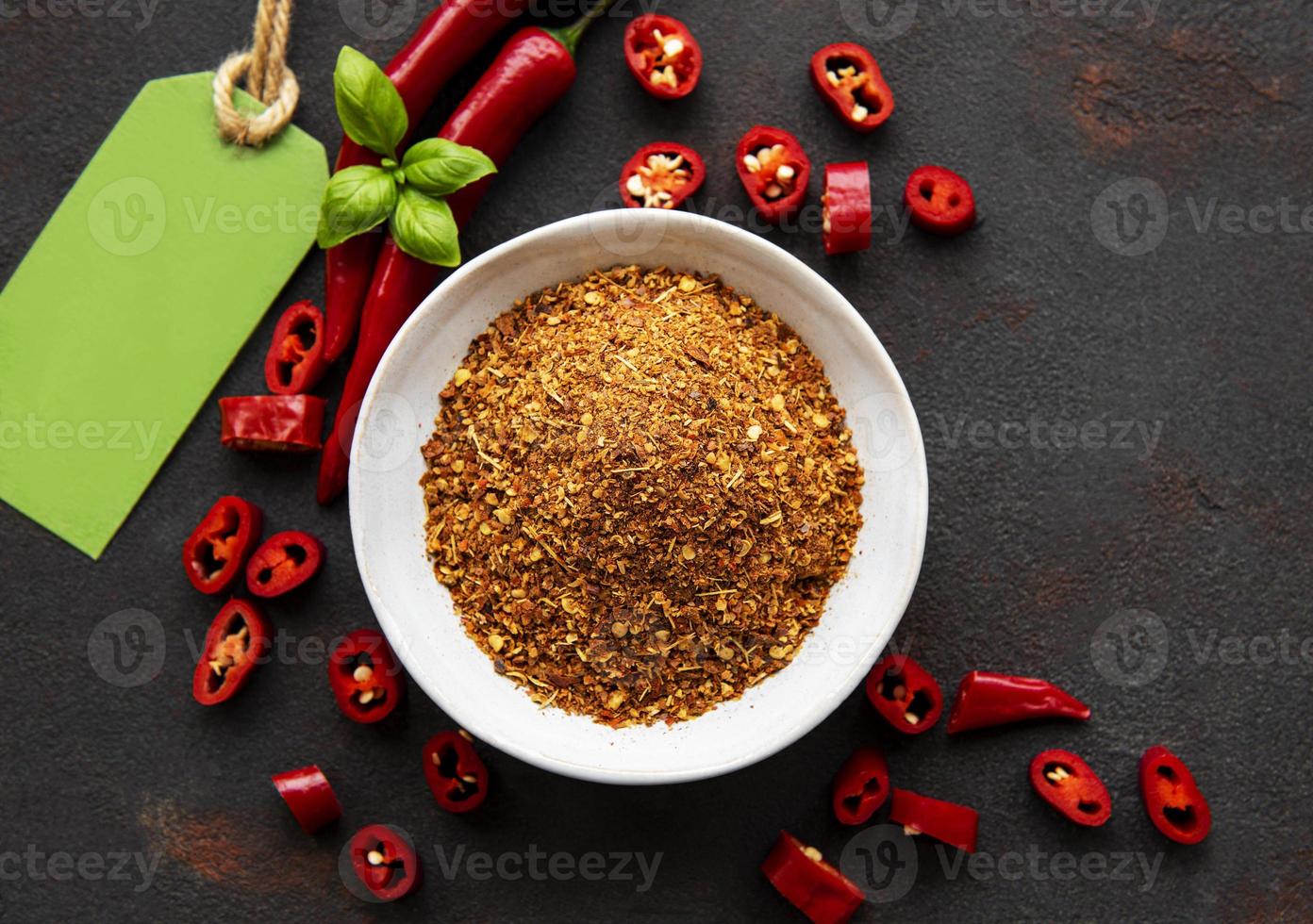 Red chili pepper dried chillies on dark background photo