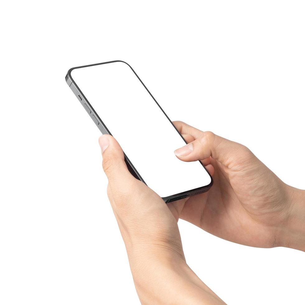 mano sosteniendo y jugando maqueta de pantalla en blanco de teléfono inteligente foto