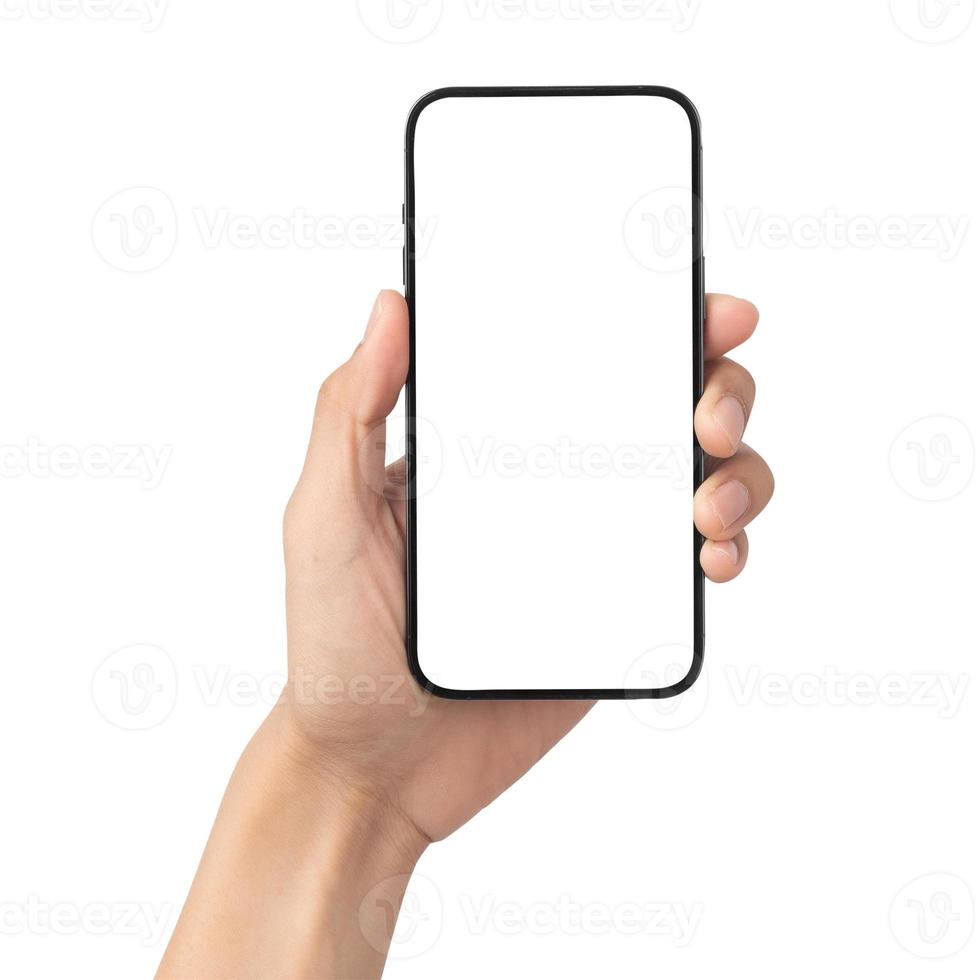 mano que sostiene la maqueta de la pantalla en blanco del teléfono inteligente foto
