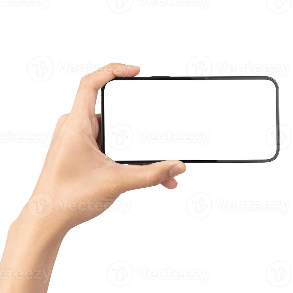 Hand holding smartphone blank screen mockup photo