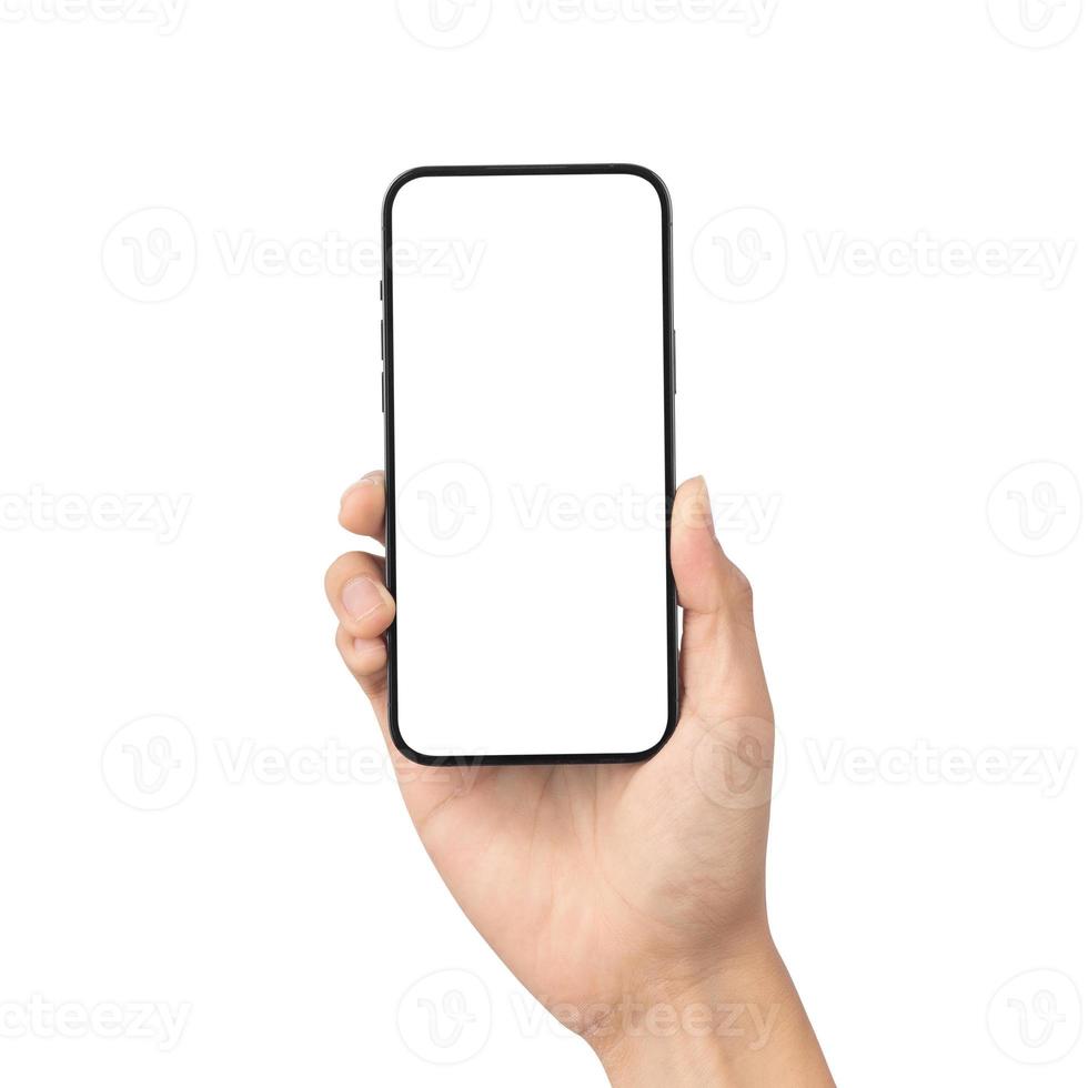 mano que sostiene la maqueta de la pantalla en blanco del teléfono inteligente foto