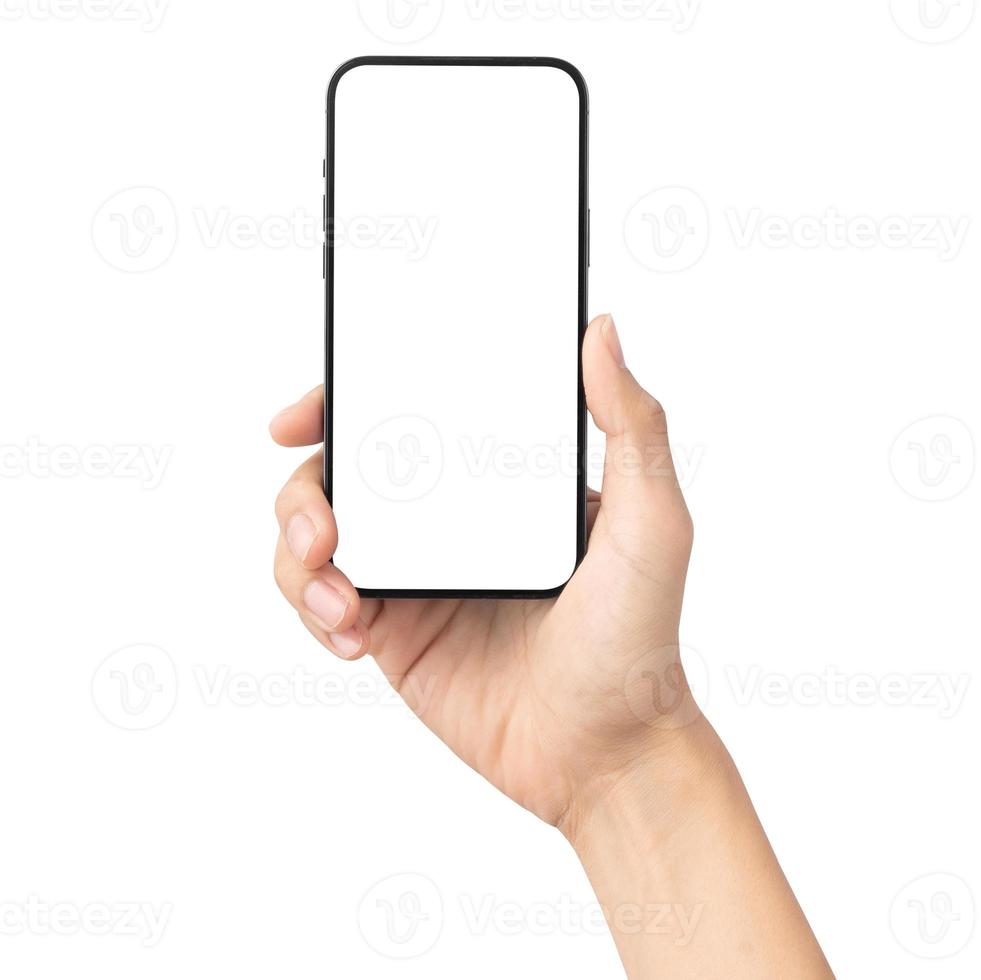 Hand holding smartphone blank screen mockup photo