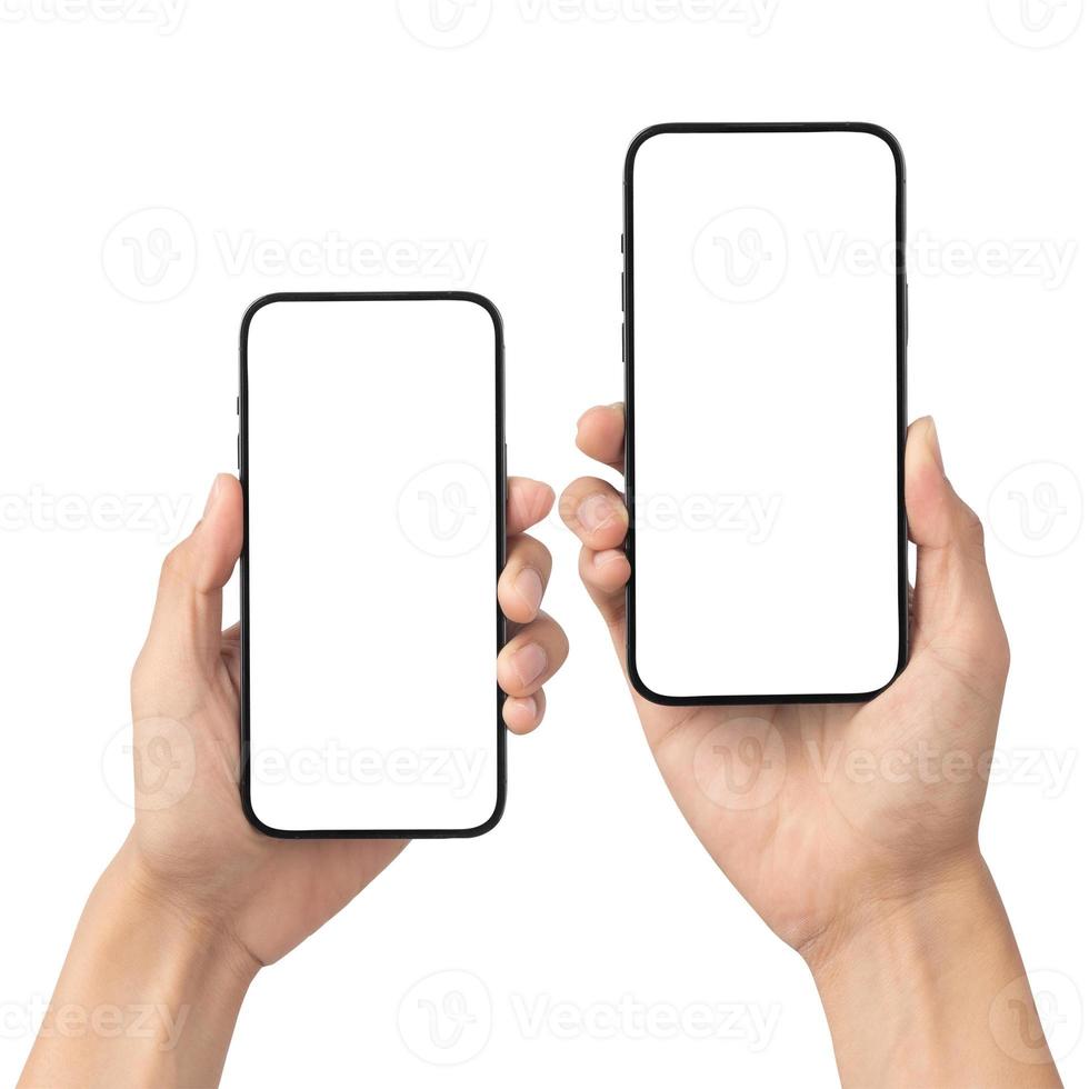 Hand holding smartphone blank screen mockup photo