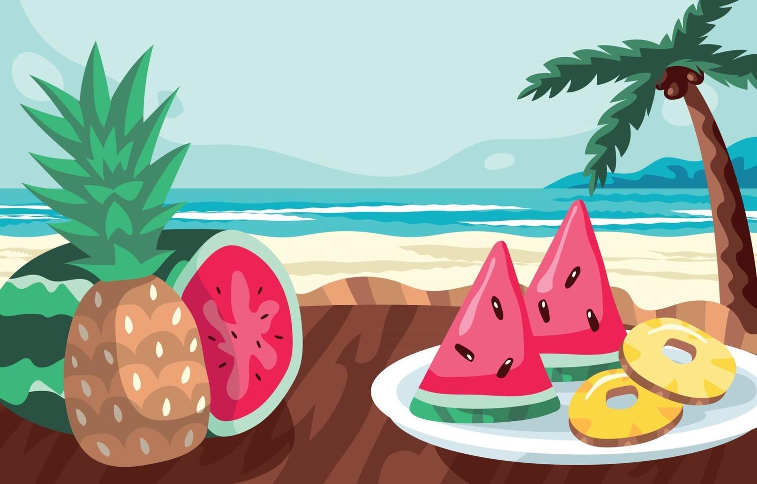 Fondo de plato de frutas de verano con sandía y piña. vector