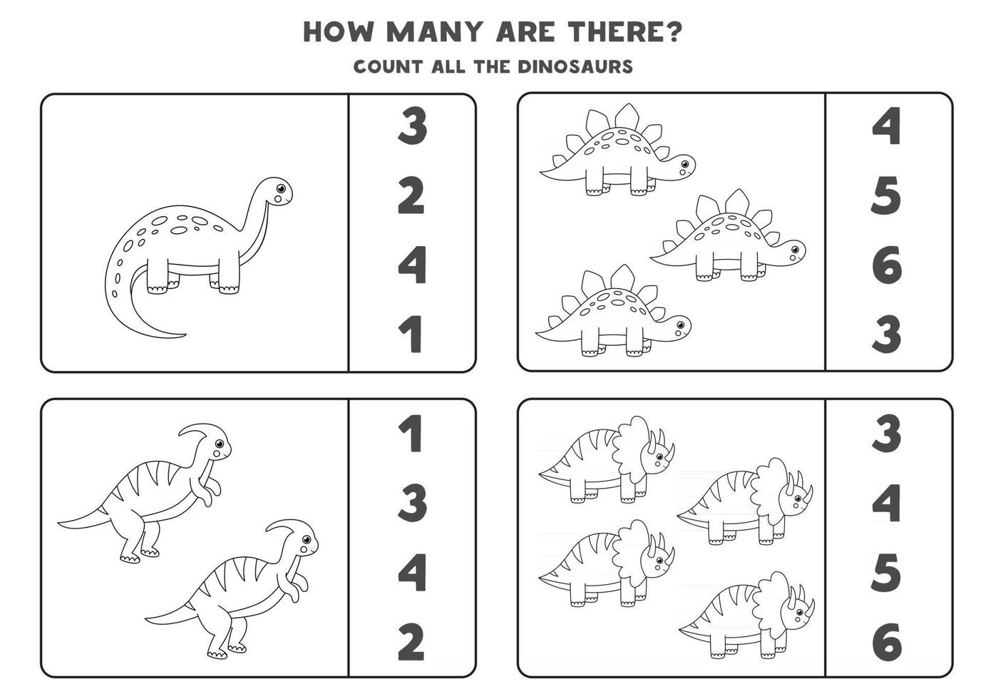 Counting game with cute black and white dinosaurs Math worksheet vector