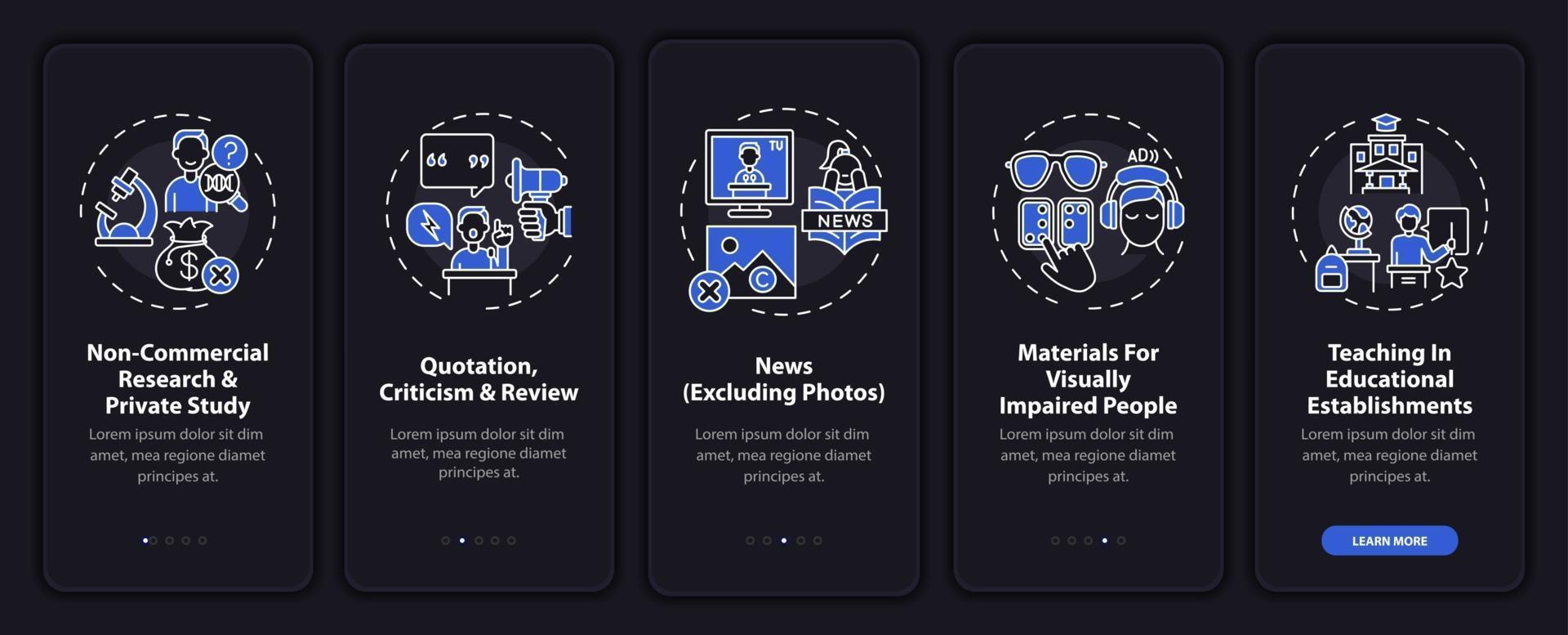 Copyright exclusion onboarding mobile app page screen with concepts vector