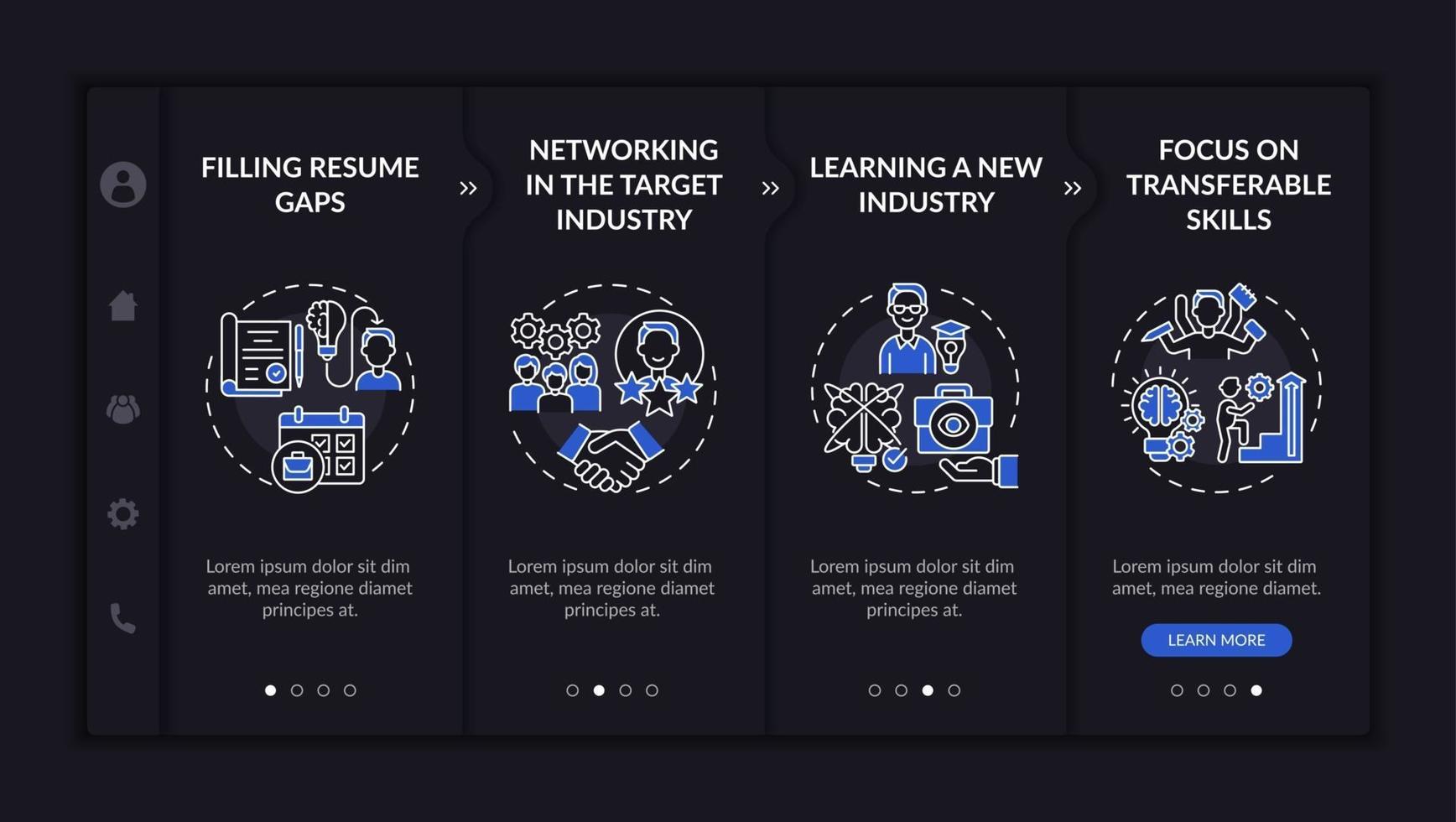 Transition job pros onboarding vector template dark theme