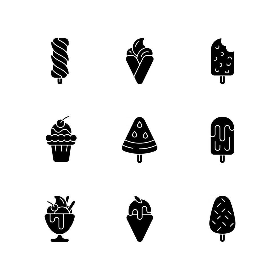 variaciones de helado iconos de glifos negros en espacio en blanco vector