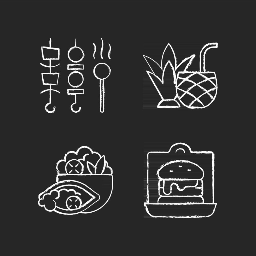 Takeaway and delivery option chalk white icons set on black background vector