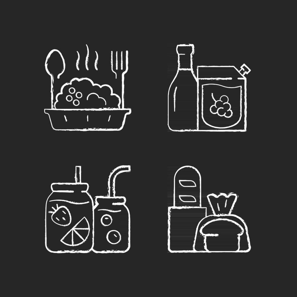 Takeaway and delivery option chalk white icons set on black background vector