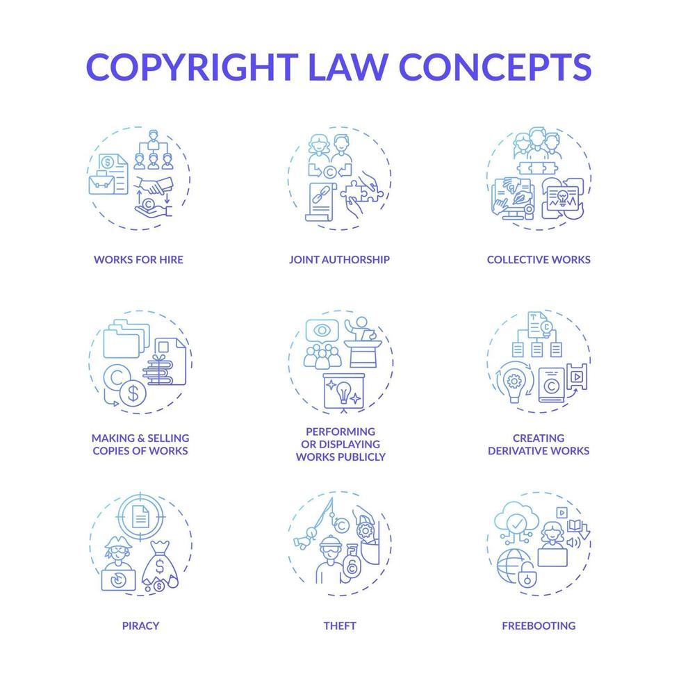 Conjunto de iconos de concepto de ley de derechos de autor vector
